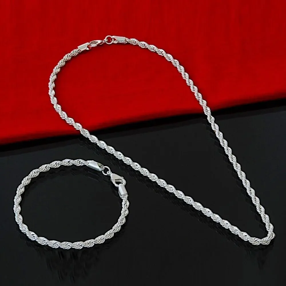 Sterling Silver Rope Chain Unisex Necklace Bracelet Matching Set